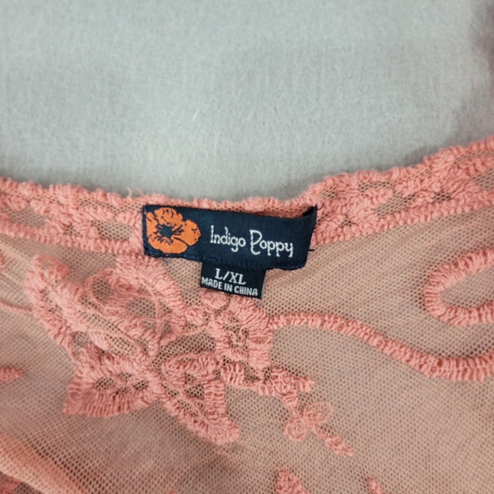 Indigo Poppy Duster Cardigan Floral Embroidered Sheer Mesh Coral L/XL - Picture 7 of 10